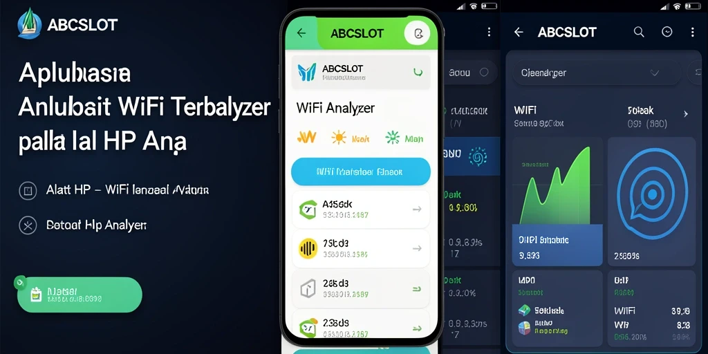 Screenshot aplikasi ABCSLOT menunjukkan analisis jaringan WiFi yang detail.