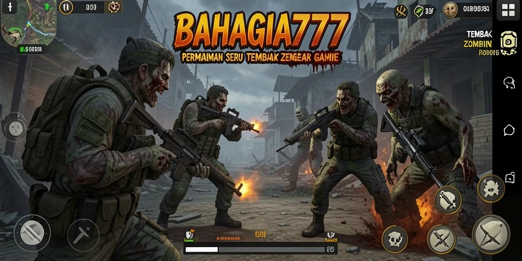 Tampilan gameplay BAHAGIA777 dengan aksi tembak zombie yang seru.